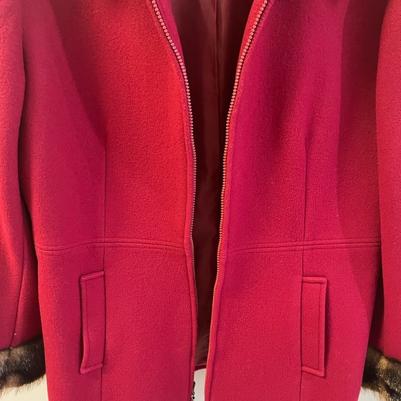 Vintage MDP - Red Wool Coat Faux Fur Zip Collared Lined Waist Length - Sz Large - Picture 6 of 13